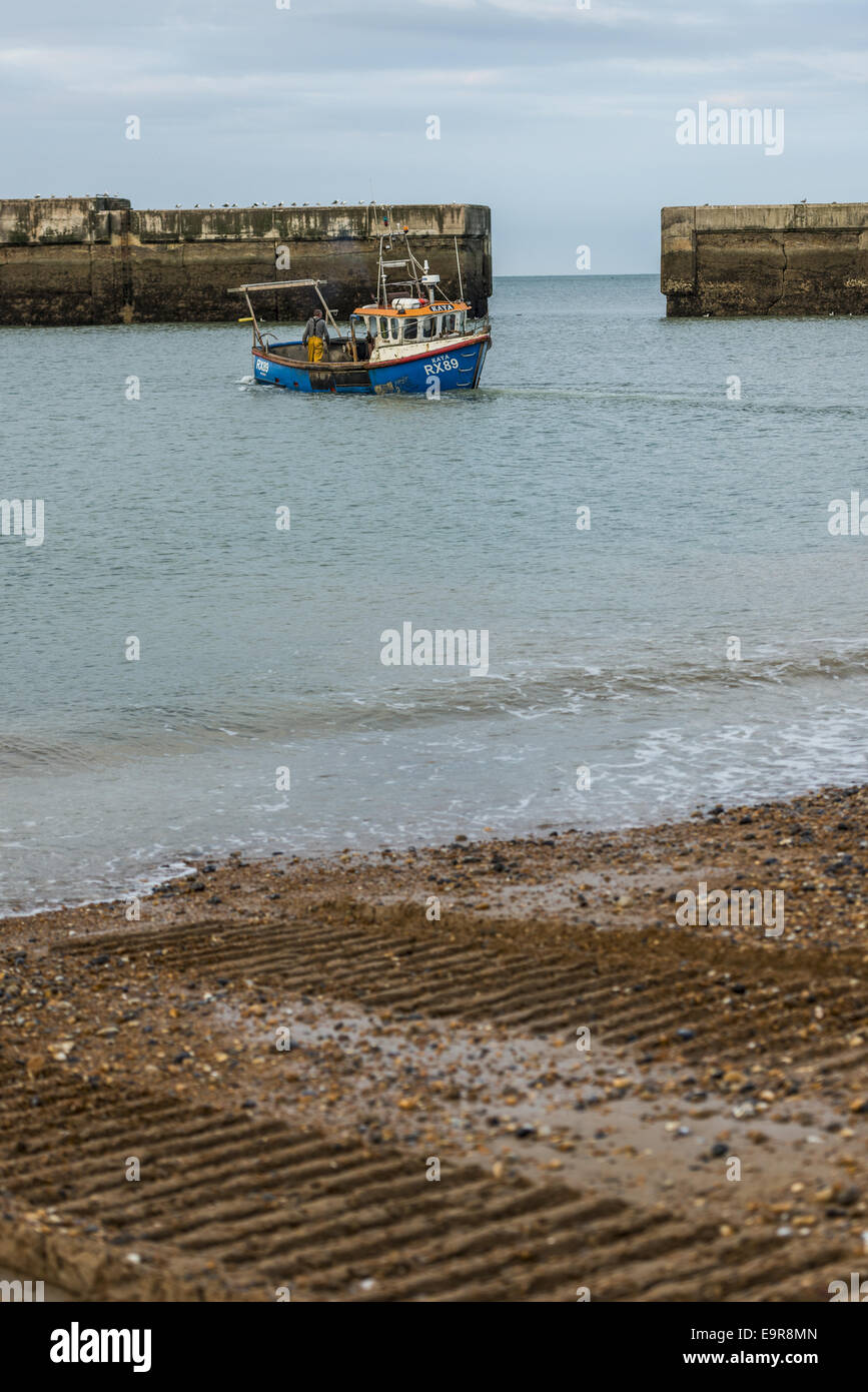 Fishing boats at The Stade, Hastings comprise an inshore fleet that is launched from the beach Stock Photo