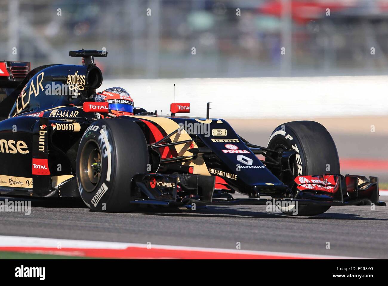 Austin, Texas, USA. 31st Oct, 2014. F1 Grand Prix of America, practise and  inpsection day. Lotus F1 Team E22 driver Romain Grosjean runs during  Practice 1 with a new nose Credit: Action