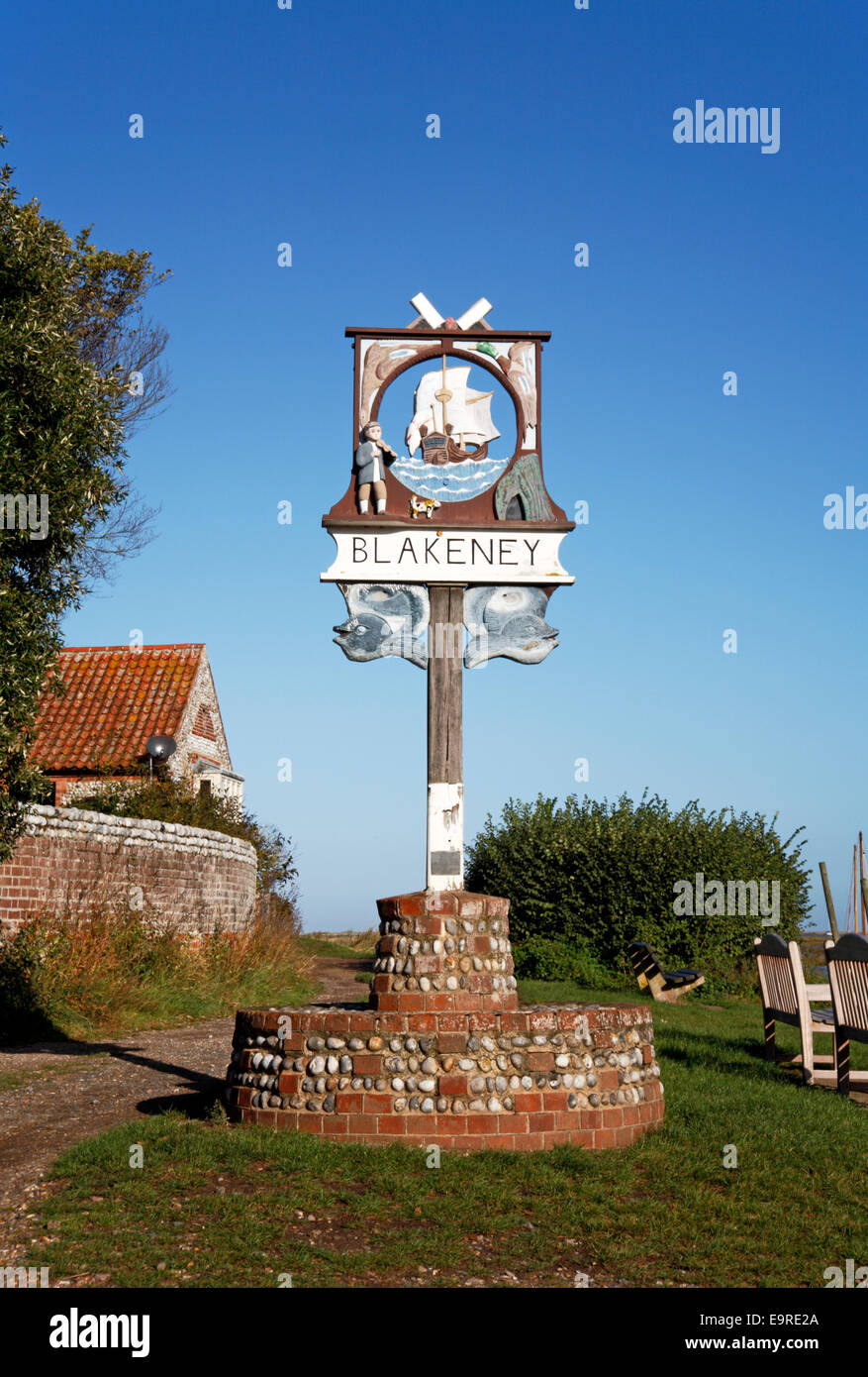A view of the village sign at Blakeney, Norfolk, England, United Kingdom. Stock Photo