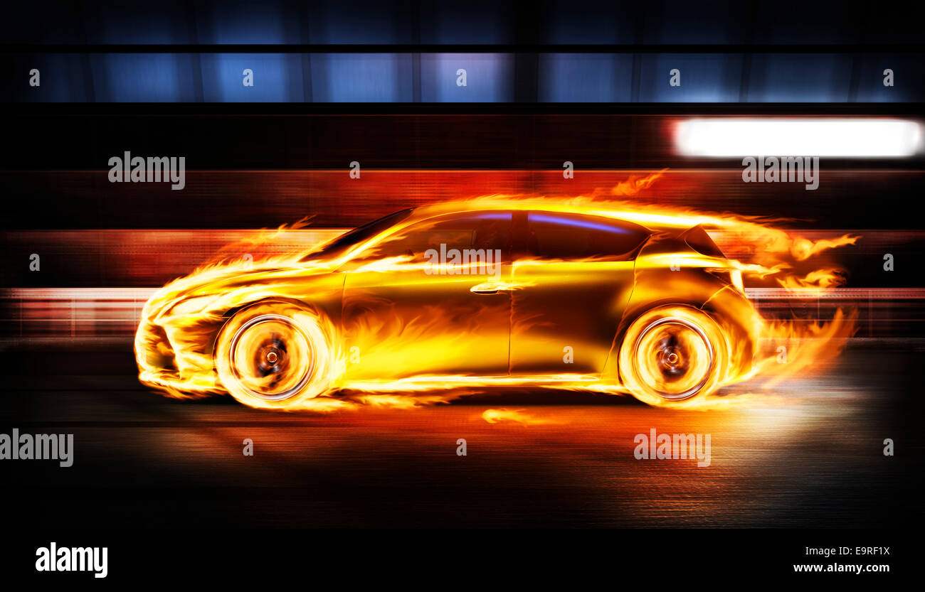 Covered in burning flames sports car racing along a tunnel, side view