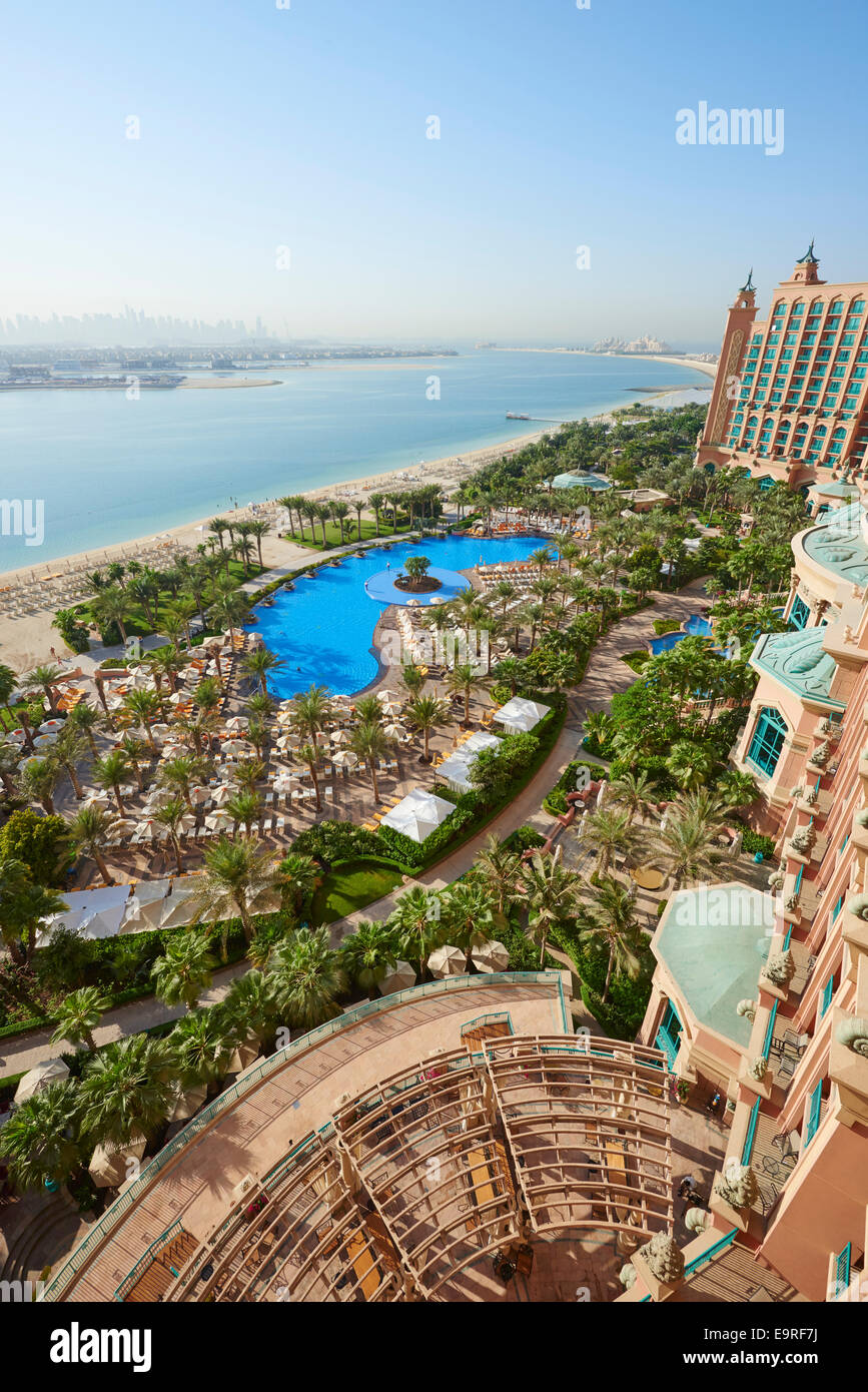 View Over The Swimming Pool And Sun Bed Area Of The Atlantis Hotel The Palm Dubai UAE Stock Photo