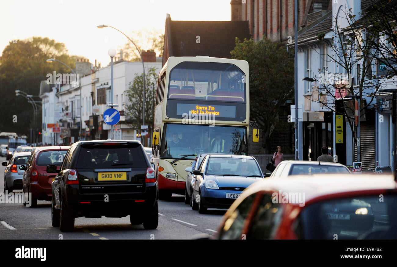 Brighton and Hove bus with the sign Sorry I'm Not in Service displayed on the front driving down congested street in the city Stock Photo