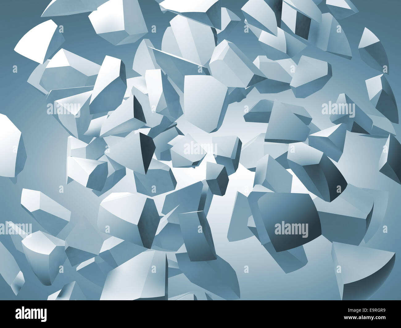 Abstract 3d illustration with flying white fragments of big sphere on blue background Stock Photo