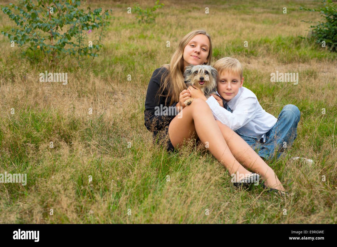 Children sit in the park with a dog Stock Photo - Alamy