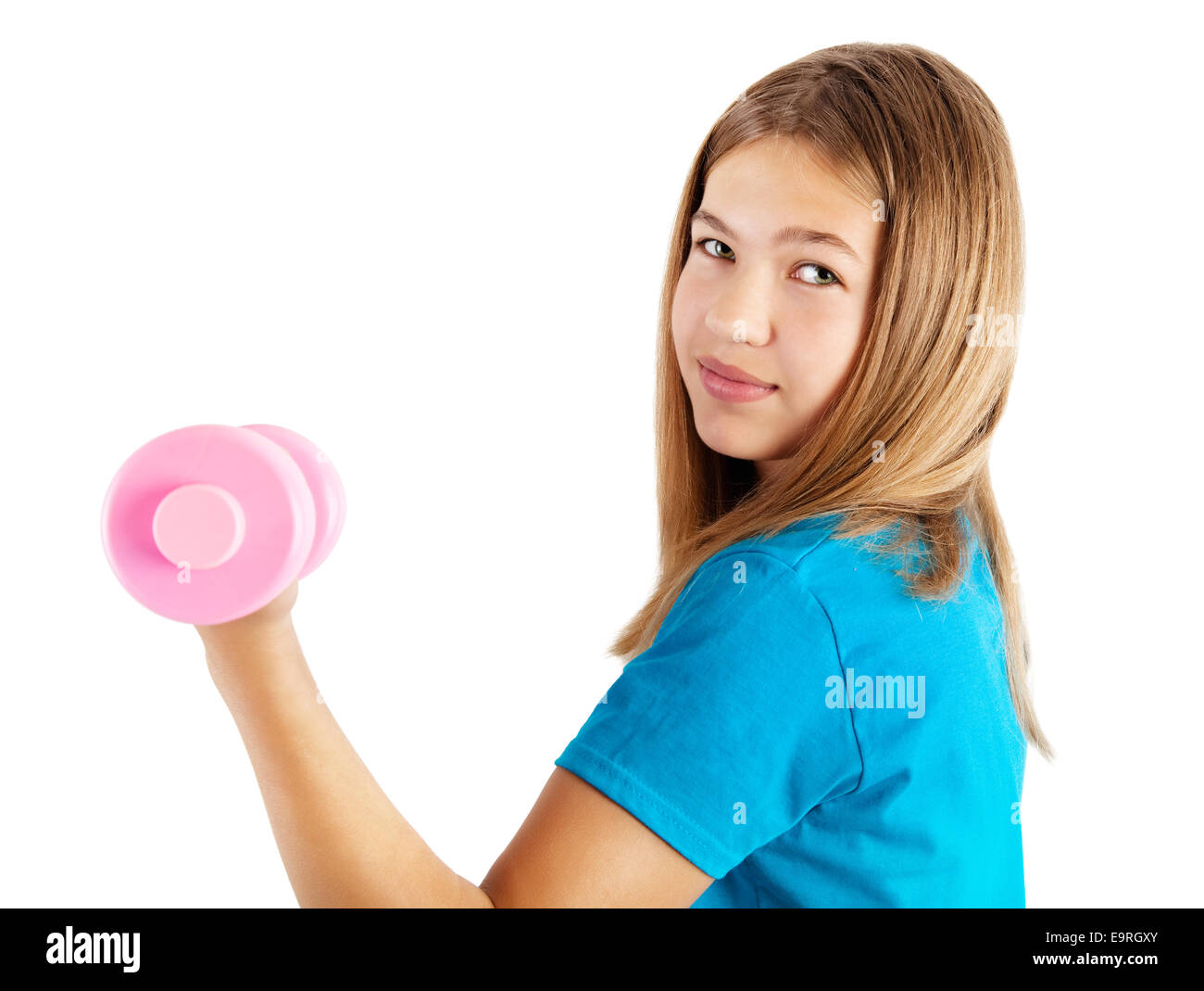 girl with dumbbell isolated on white Stock Photo