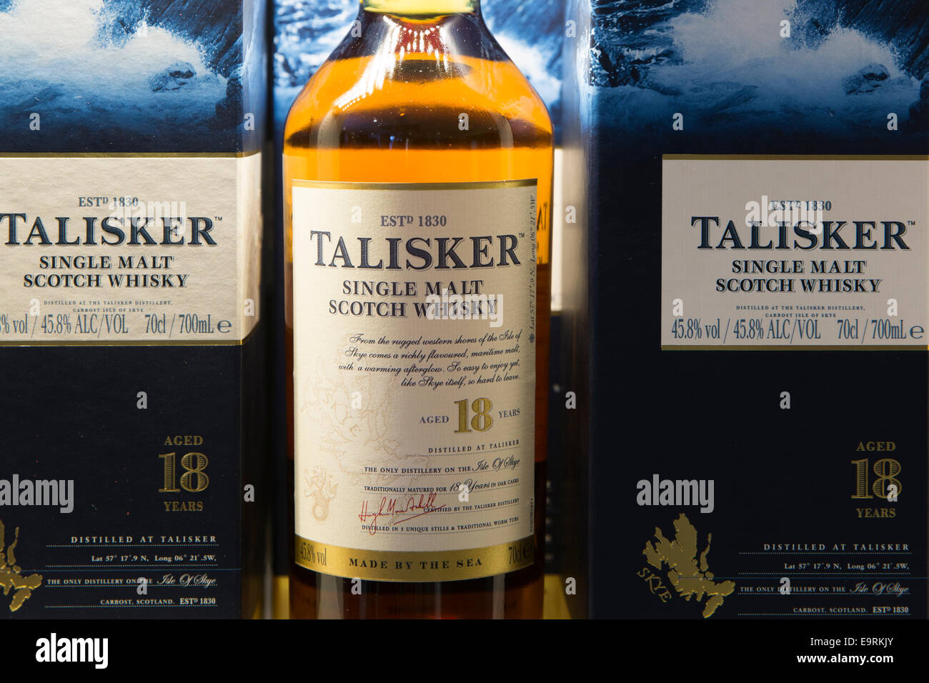 75cl bottles of 18-year-old Talisker single malt Scotch Whisky in cartons on display for sale at shop on visitors tour at Distil Stock Photo