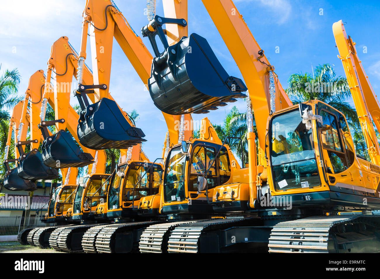 Vehicle fleet with construction machinery of building or mining company Stock Photo