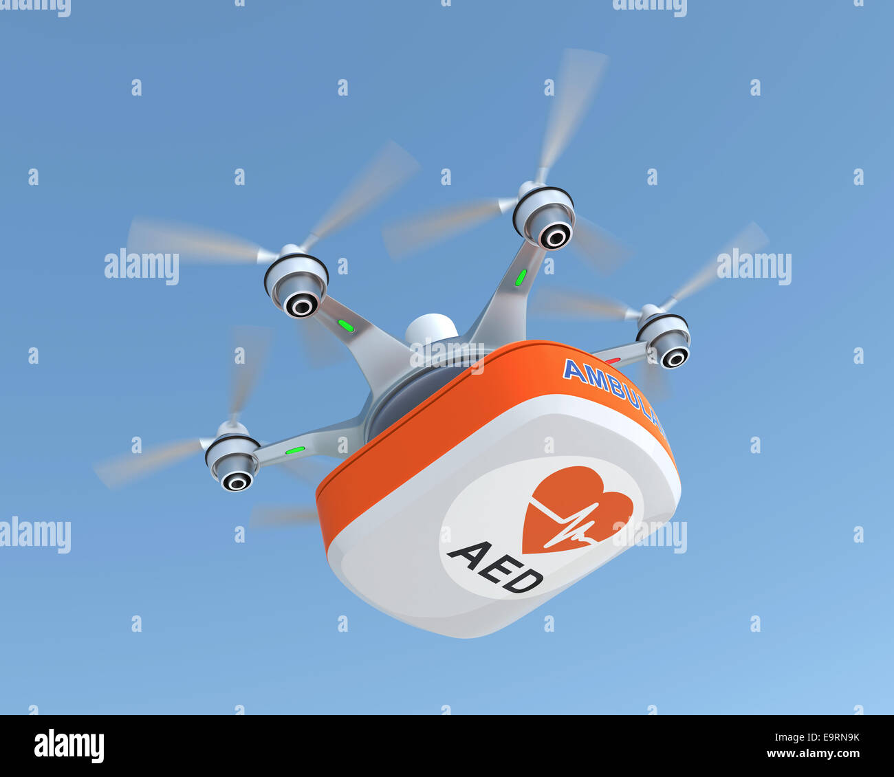 Drone carrying AED medical kit for emergency medical care concept Stock