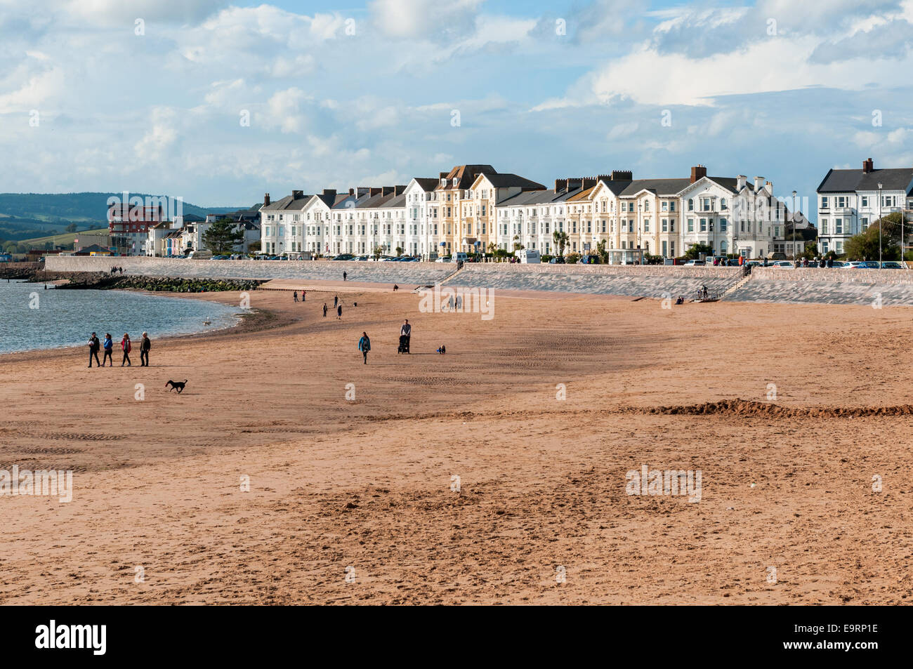 Exmouth sea front and beach with people out walking their dogs Stock