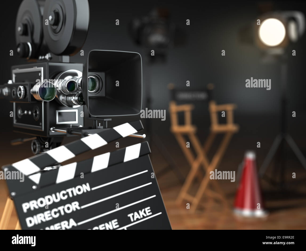 Video, movie, cinema concept. Retro camera, flash, clapperboard and director's chair in dark studio with dof effect. 3d Stock Photo