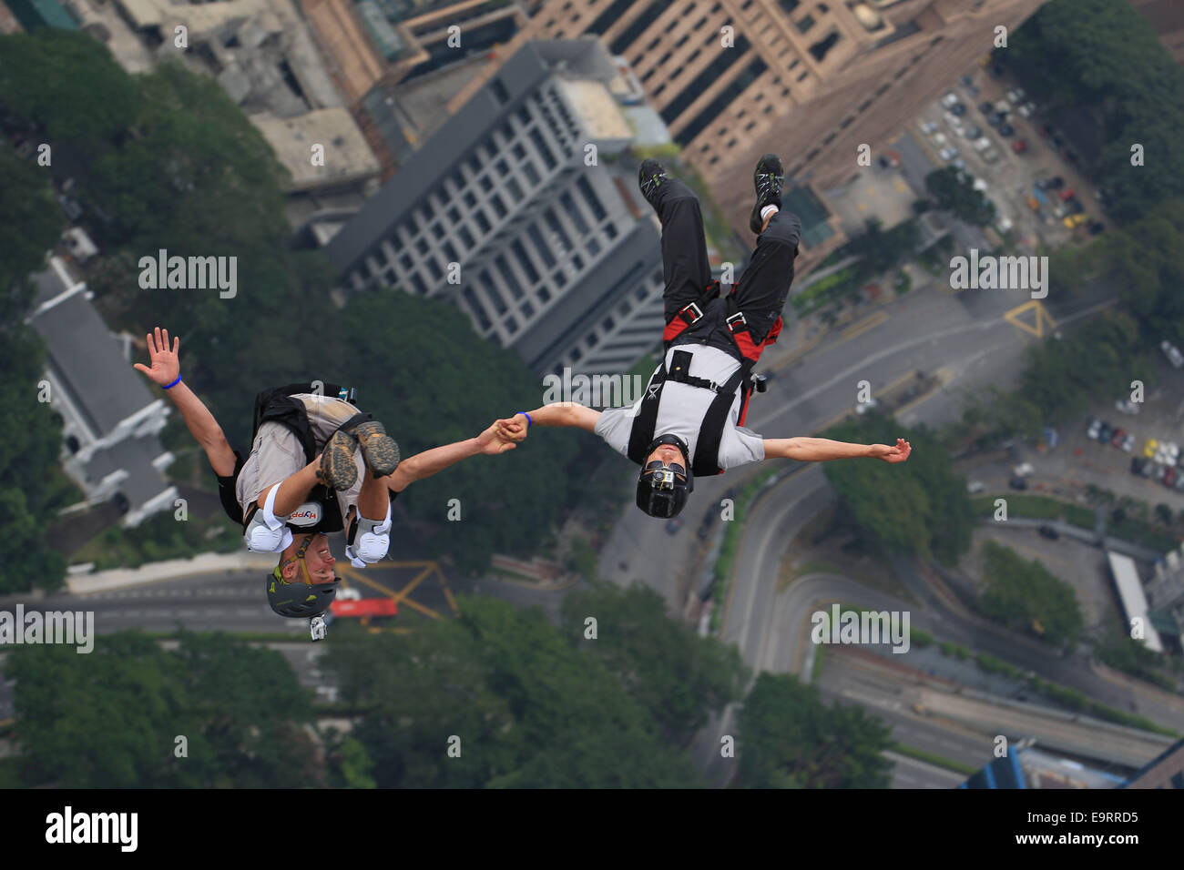 KL Tower BASE Jump 2014 is an annual event of the Kuala Lumpur tower which have attracted international and domestic spectators. Stock Photo