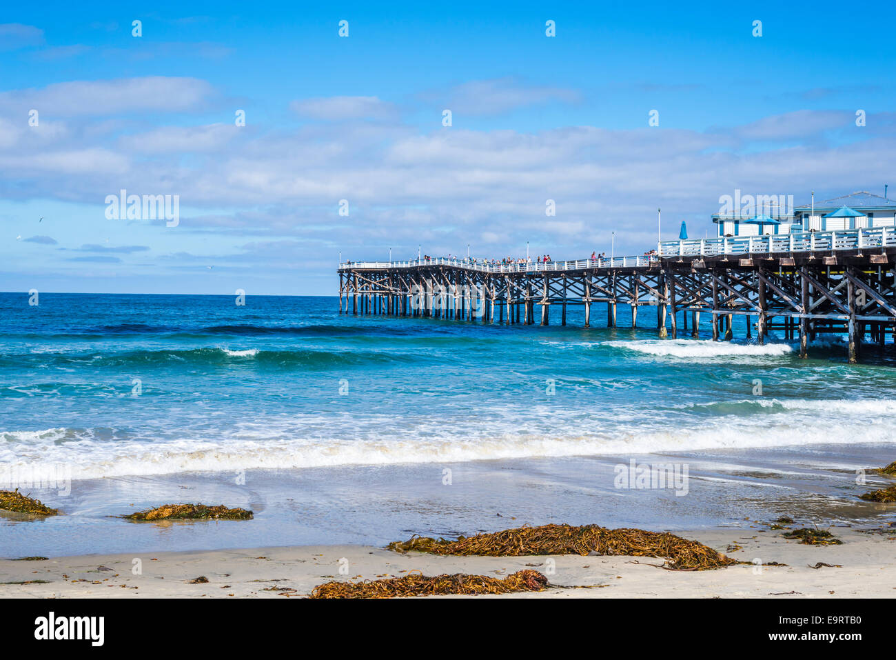 View of the ocean and Crystal Pier from Pacific Beach. San Diego, California, United States. Stock Photo