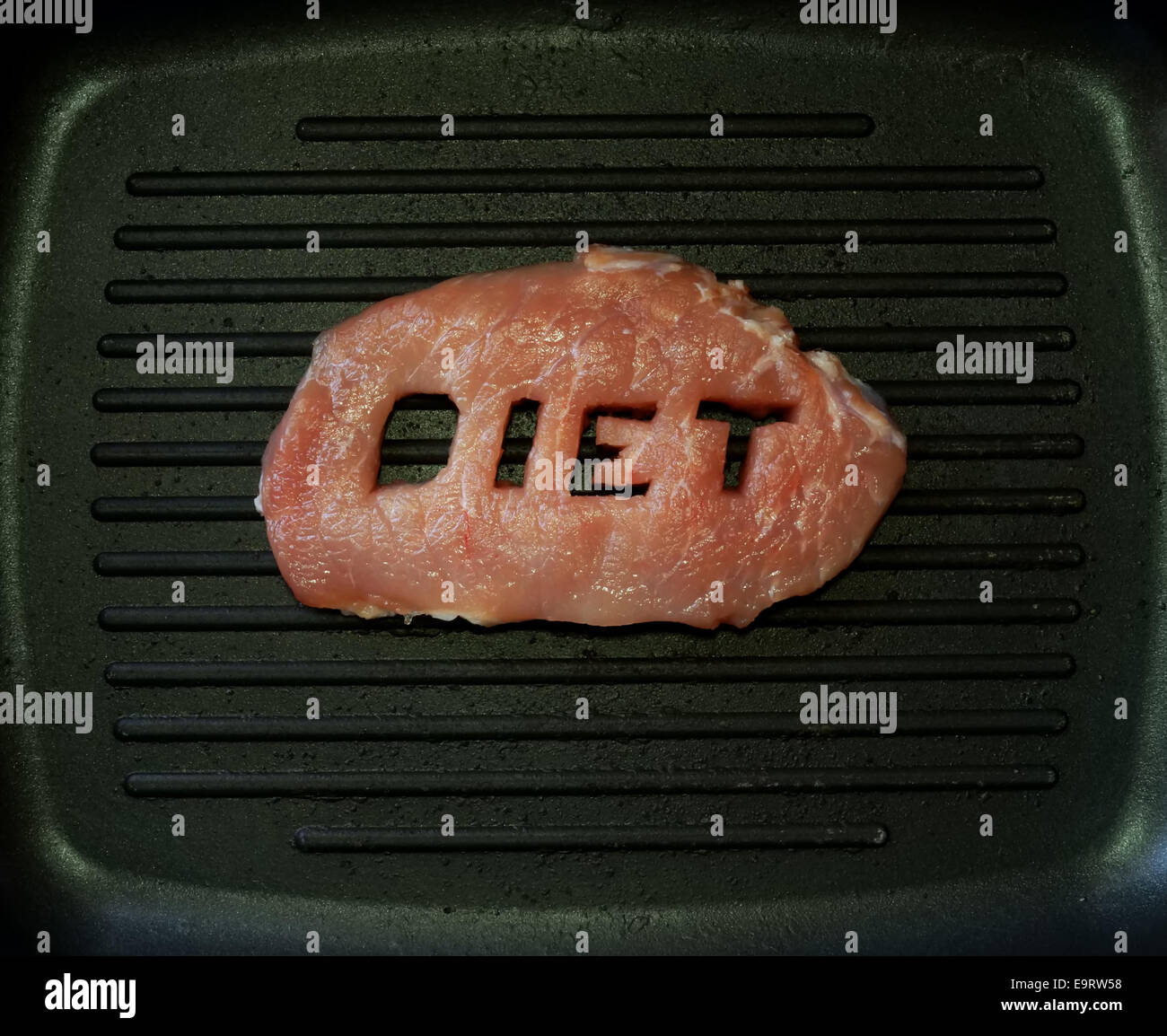 Fresh meat with a word diet in a pan. Protein diet. Stock Photo