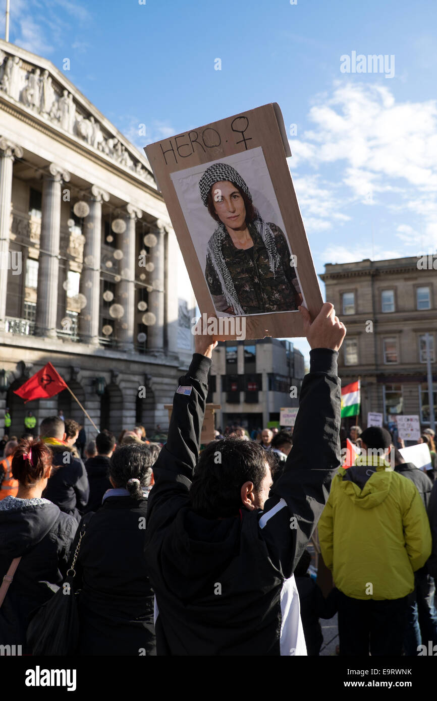 Nottingham, UK. 1st November, 2014. An Anti-ISIS Demonstration was held this afternoon on Nottingham's old market square, By the Kurdish community, They were calling for ISIS out of Kobane and in support of Kurdish fighters .A Turkish man had to be lead away for his own safety as he confronted Kurdish men, Police were out numbered but brought the skirmish under control . Credit:  IFIMAGE/Alamy Live News Stock Photo