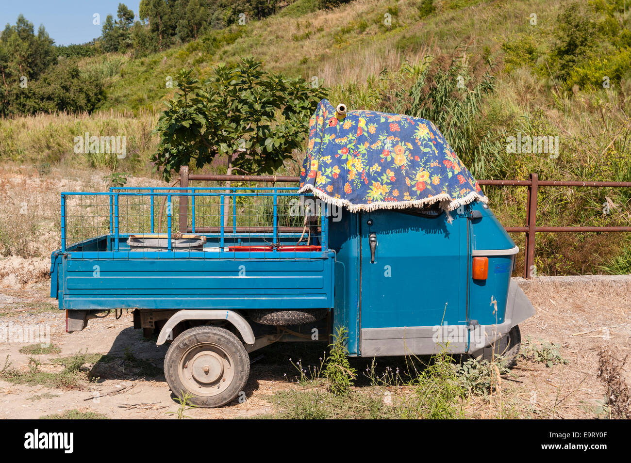 A Piaggio Ape 50 (50cc) three-wheeler shaded from the summer sun in a farmer's field in Calabria, Italy Stock Photo