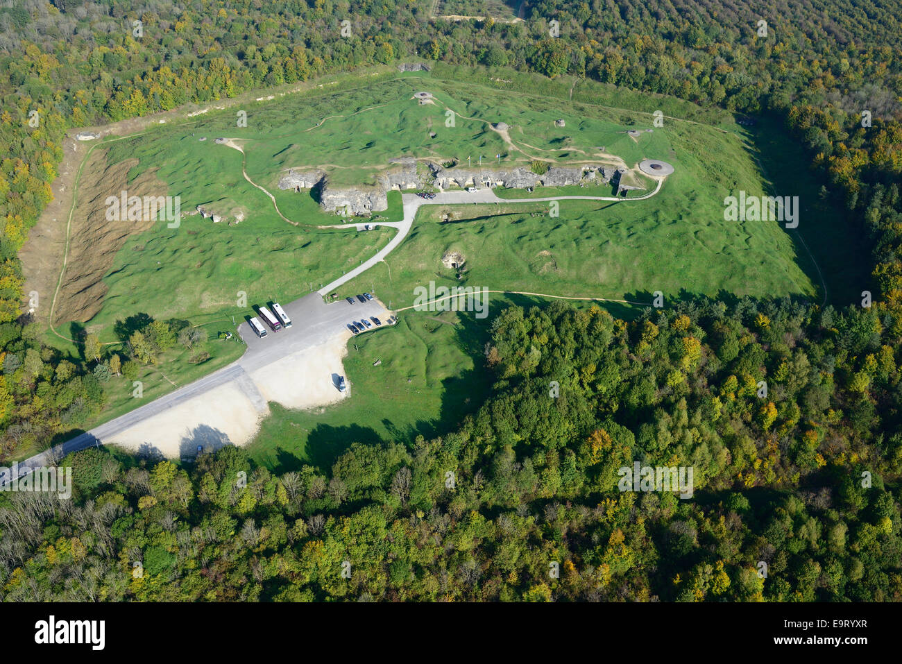 AERIAL VIEW. Fort Douaumont and the still visible shell craters. Verdun, Meuse, Lorraine, Grand Est, France. Stock Photo