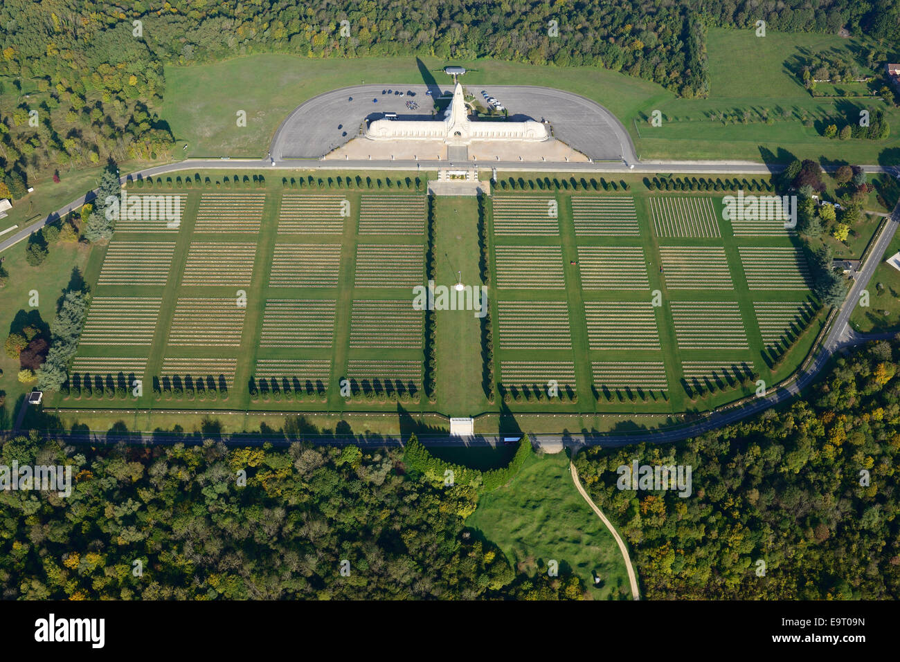 AERIAL VIEW. Douaumont Ossuary and Cemetery. WWI cemetery near Verdun. Meuse, Lorraine, Grand Est, France. Stock Photo