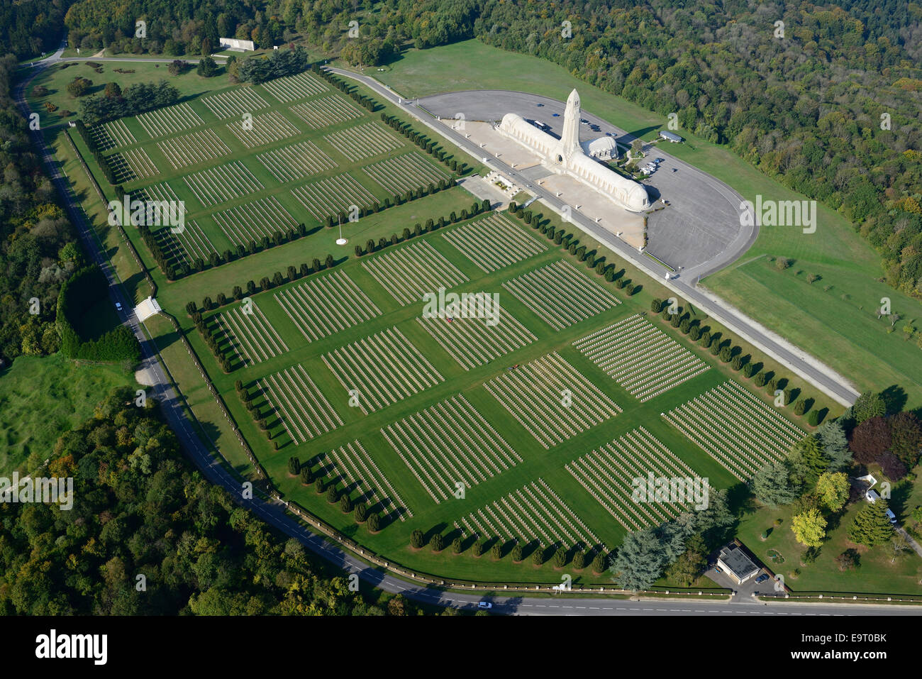 AERIAL VIEW. Douaumont Ossuary and Cemetery. WWI cemetery near Verdun. Meuse, Lorraine, Grand Est, France. Stock Photo