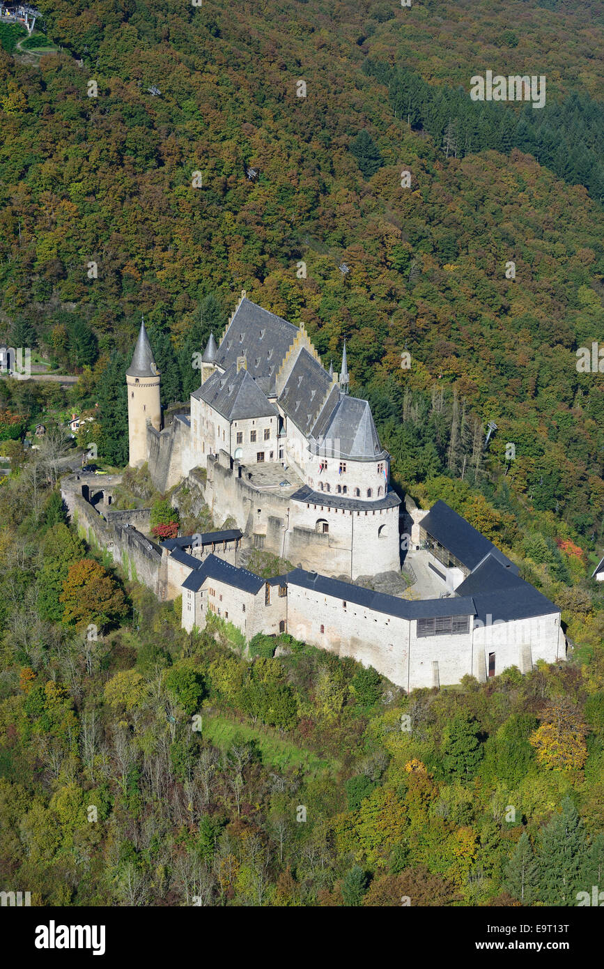 AERIAL VIEW. Vianden Castle. Diekirch district, Luxembourg Stock Photo ...