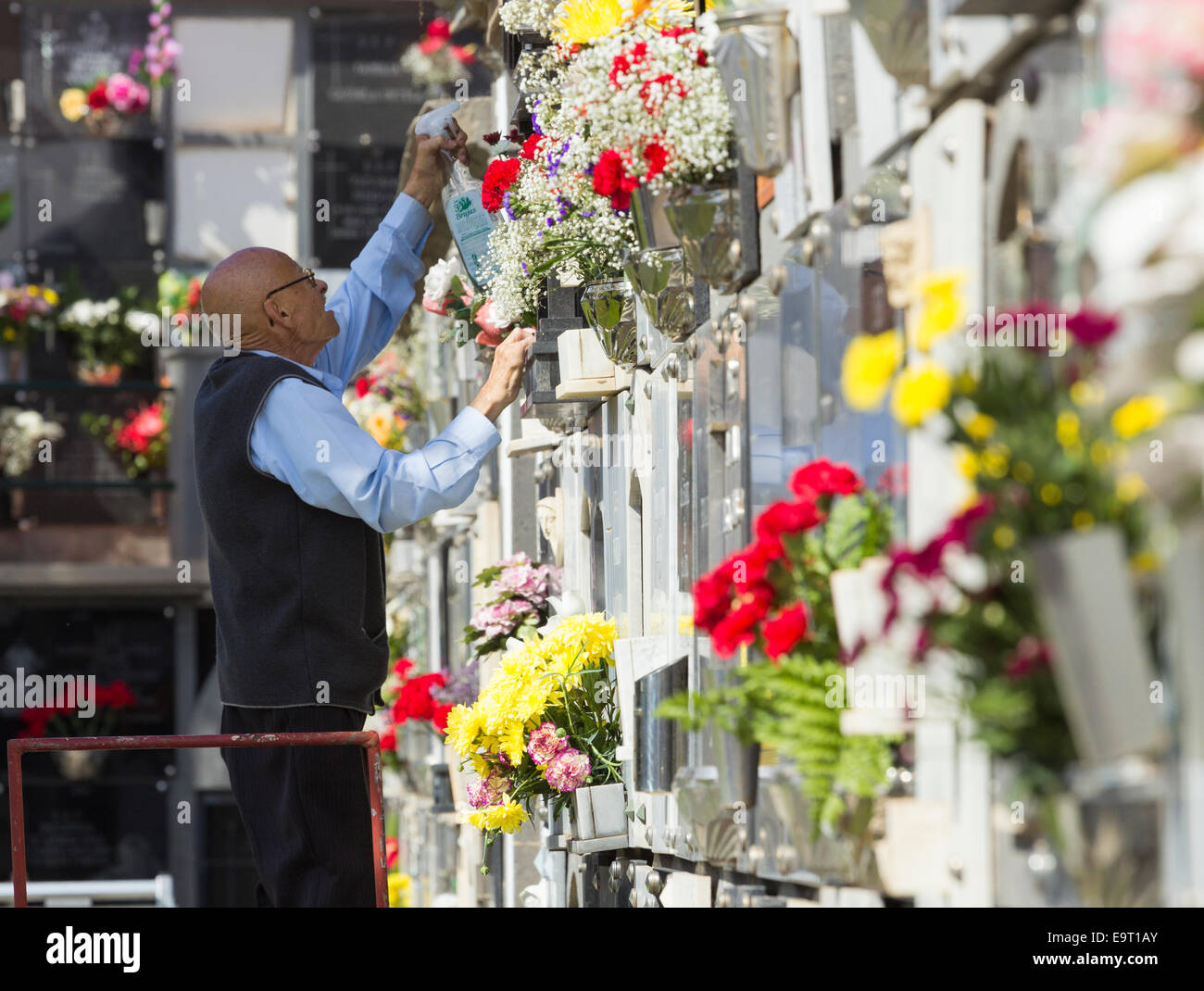 Las Palmas, Gran Canaria, Canary Islands, Spain. 1st November, 2014. Relatives bringing flowers to the cemetery to remember loved ones; a tradition in Spain and many other countries on  Dia de Todos los Santos (All Saints` Day). Credit:  ALANDAWSONPHOTOGRAPHY/Alamy Live News Stock Photo