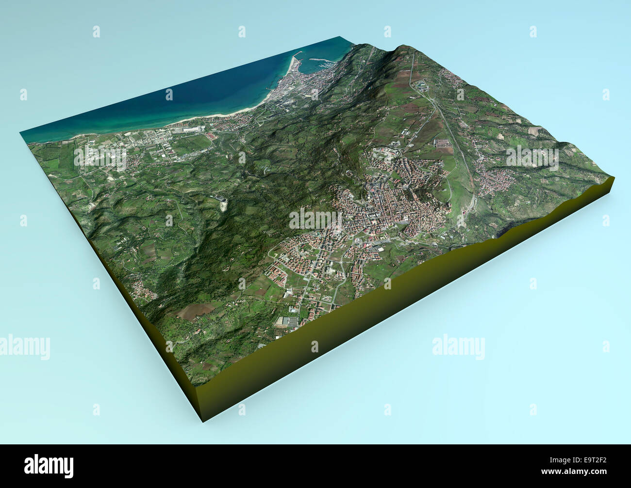 Aerial view of Vibo Valentia and the surrounding area map in 3d. Element of this image are furnished by Nasa Stock Photo