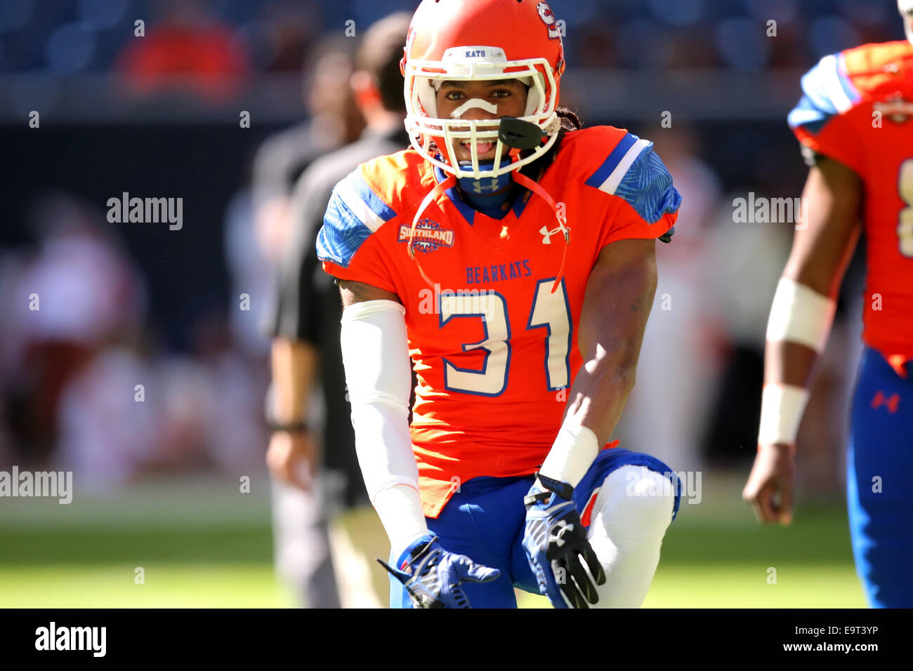Houston, Texas, USA. 1st Nov, 2014. Sam Houston State Bearkats safety  Carlos Teal #31 stretches out prior to to the NCAA football game between Sam  Houston State and Stephen F. Austin from, image size:1300x956