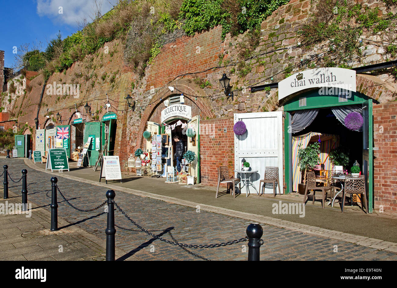 Independent traders using old storage sheds as shops along the Quay at Exeter in Devon, UK Stock Photo