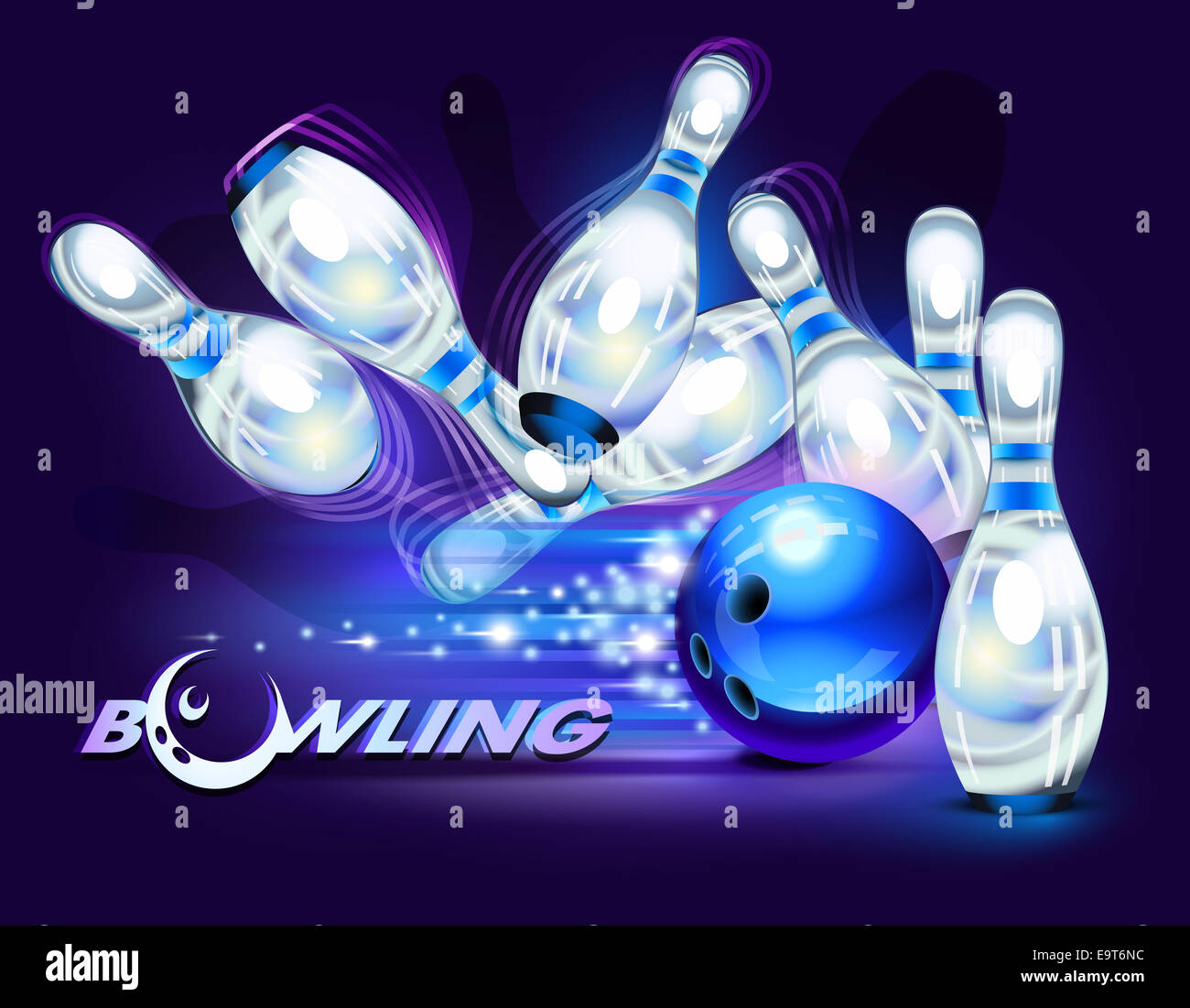 Bowling game, blue bowling ball crashing into the pins Stock Photo Alamy