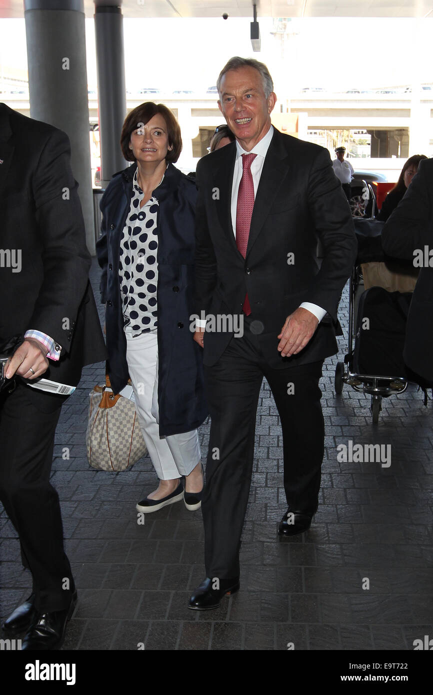 Former Prime Minister Tony Blair and his wife Cherie Blair at Los Angeles International Airport (LAX)  Featuring: Tony Blair,Cherie Blair Where: Los Angeles, California, United States When: 29 Apr 2014 Stock Photo