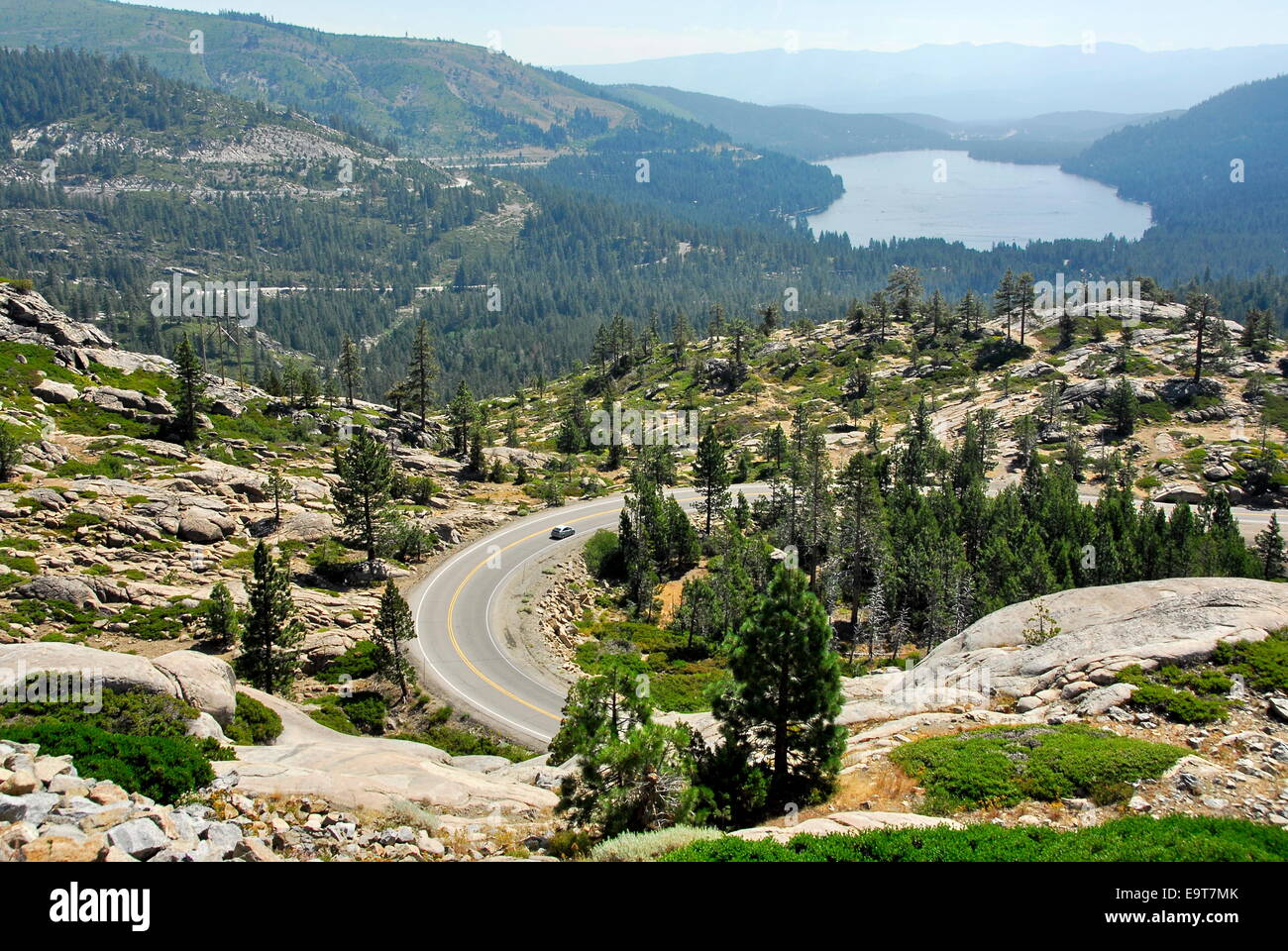 Highway 40 over Donner Pass in Sierra Nevada, California with Donner