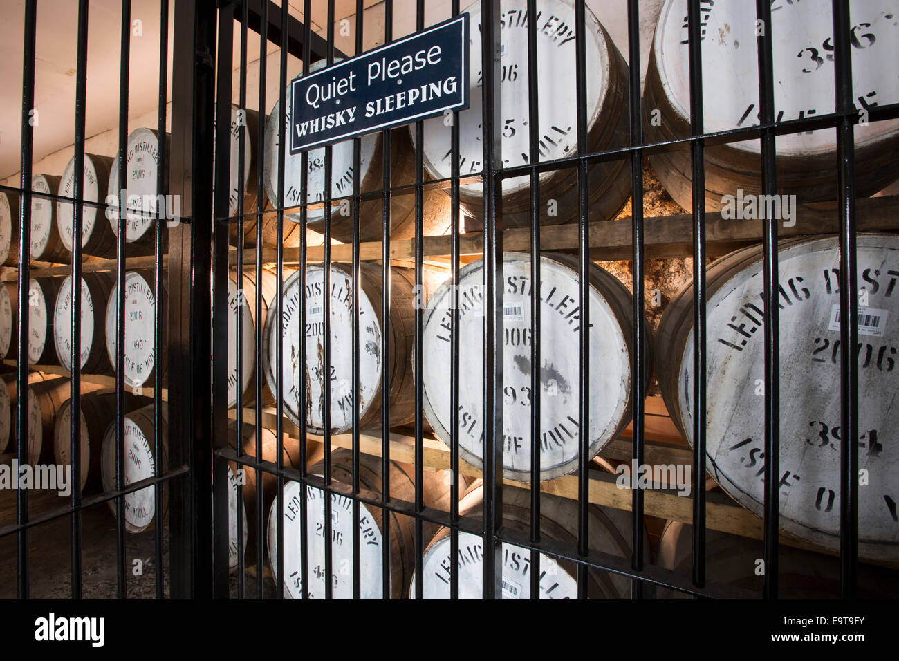 Single Malt Whisky, Ledaig, maturation process in oak casks in secure bonded warehouse storage at Tobermory Distillery on the Is Stock Photo