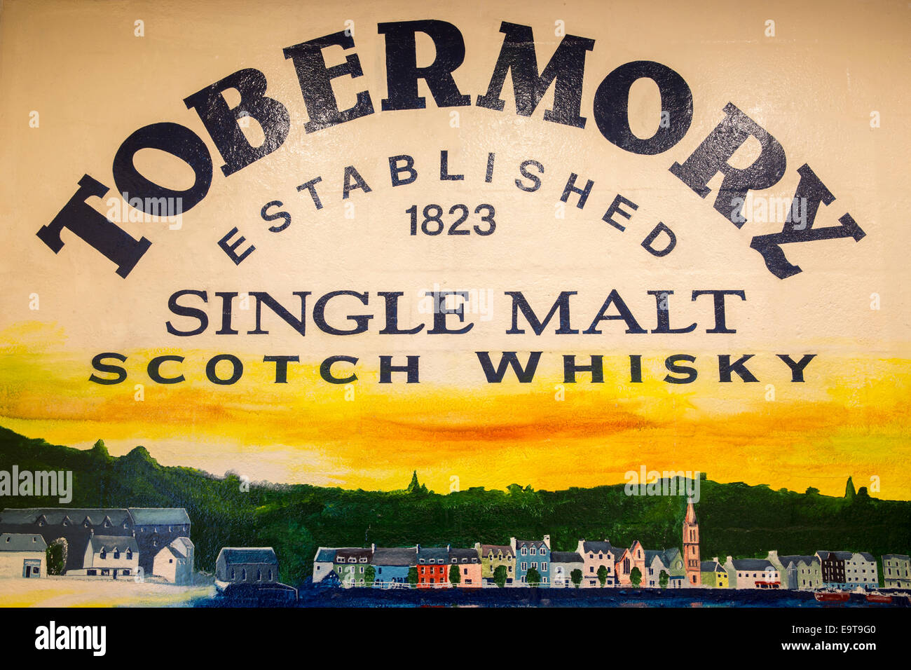 Sign at Tobermory Distillery for Single Malt Scotch Whisky on the Isle of Mull in the Western Isles of SCOTLAND Stock Photo