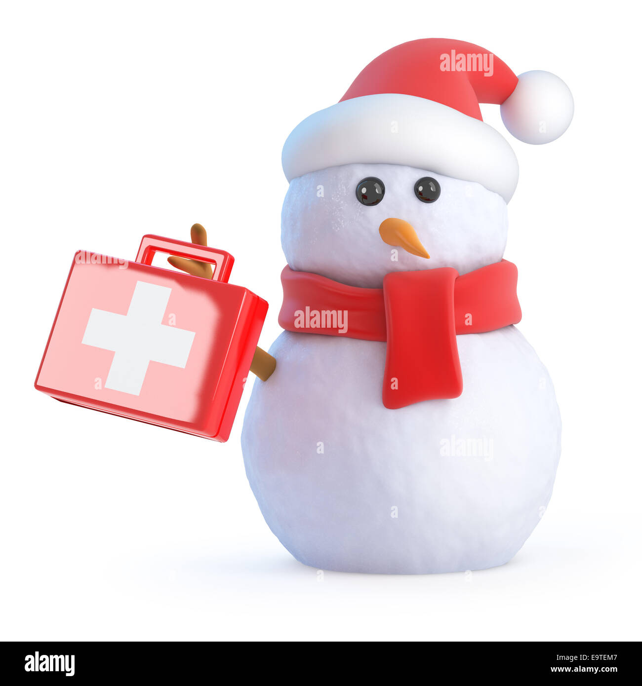 3d render of a snowman wearing a Santa Claus hat and holding a first ...