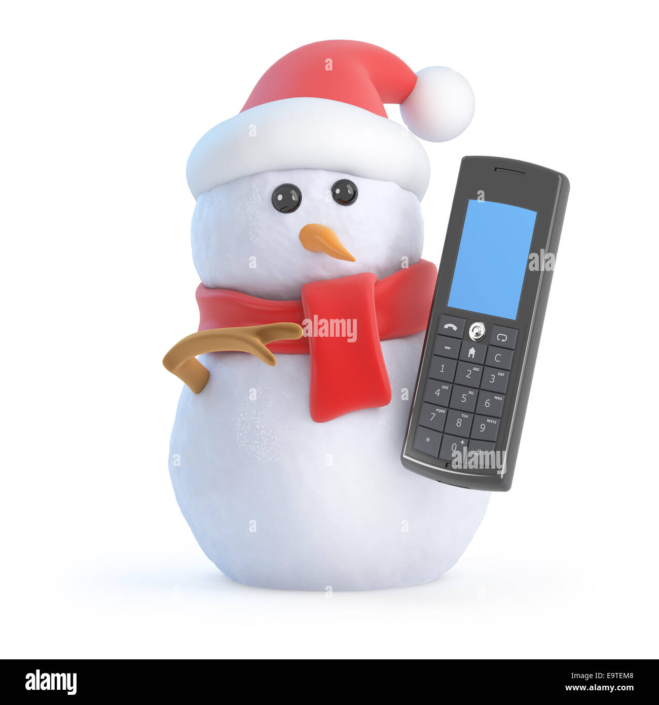 3d render of a snowman wearing a Santa Claus hat and chatting on a cellphone Stock Photo