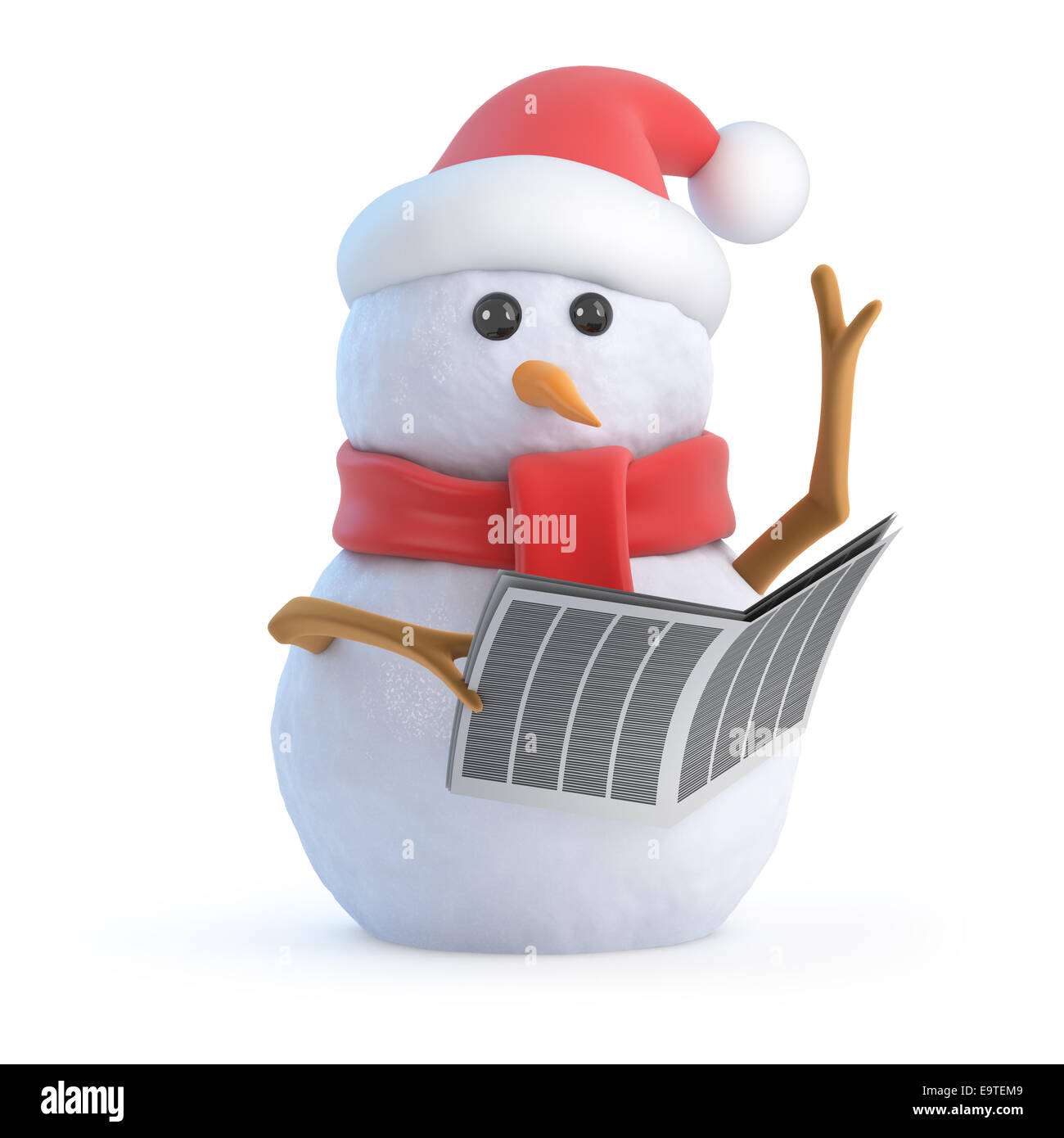 3d render of a snowman wearing a Santa Claus hat and reading a ...