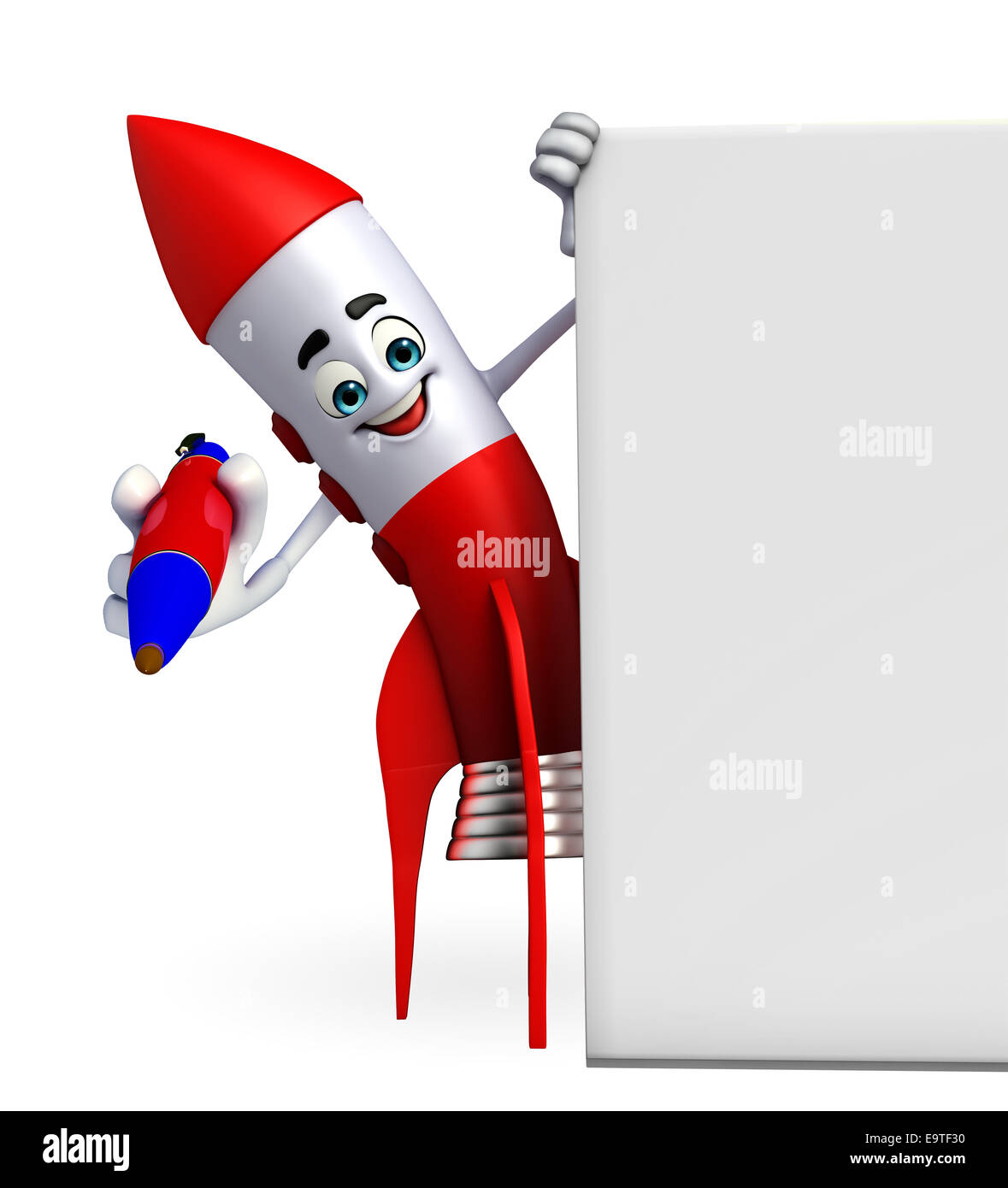 Cartoon character of rocket with pen and sign Stock Photo - Alamy