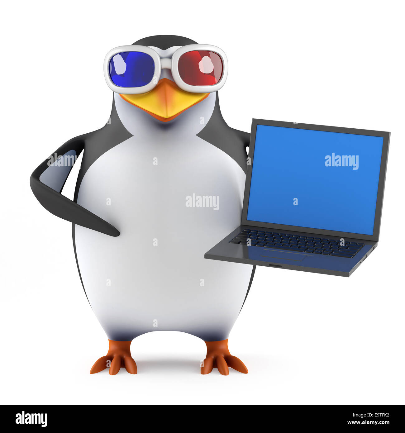 3d render of a penguin wearing 3d glasses holding a laptop pc Stock Photo