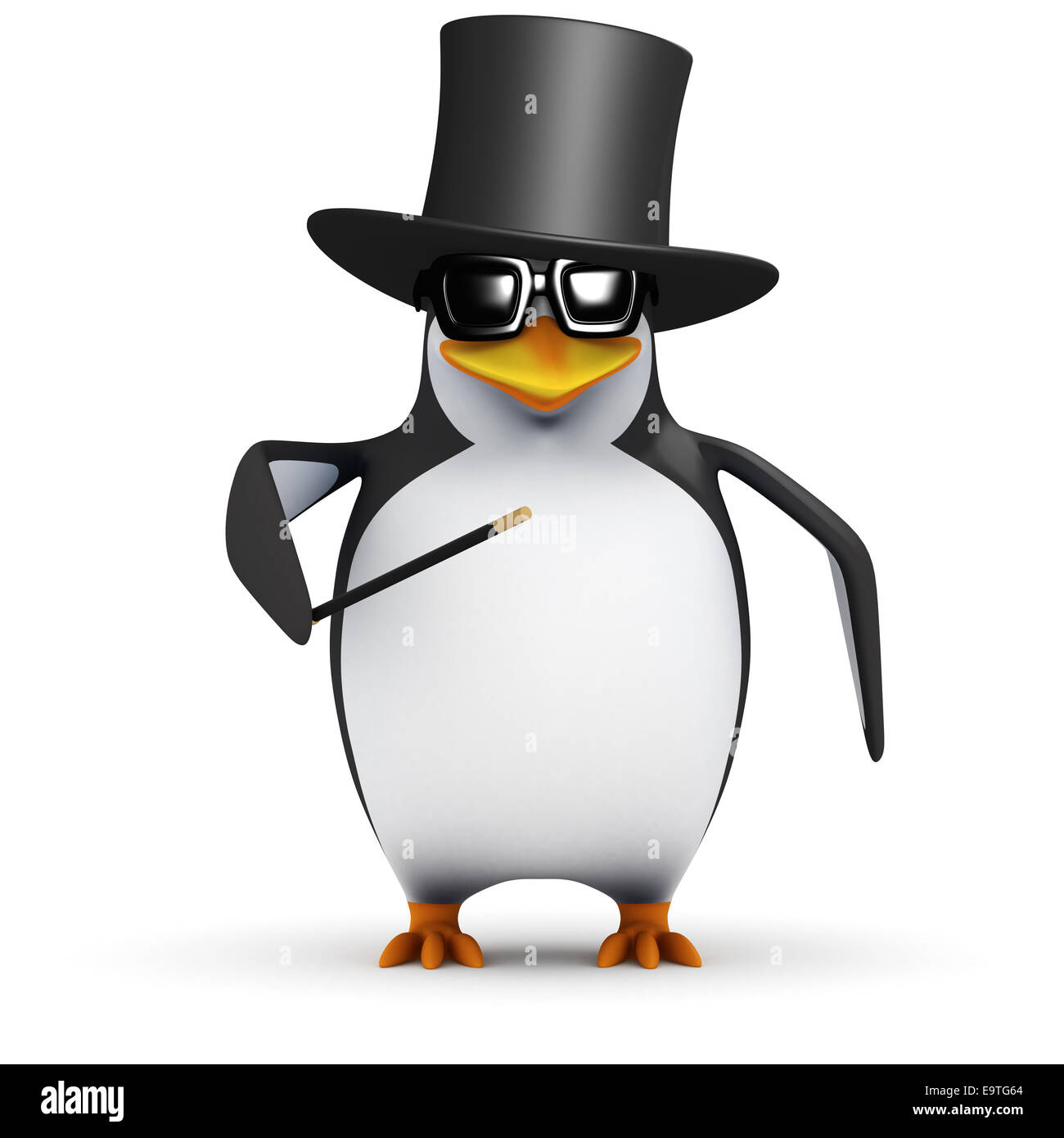 3d render of a penguin wearing a top hat and performing tricks ...