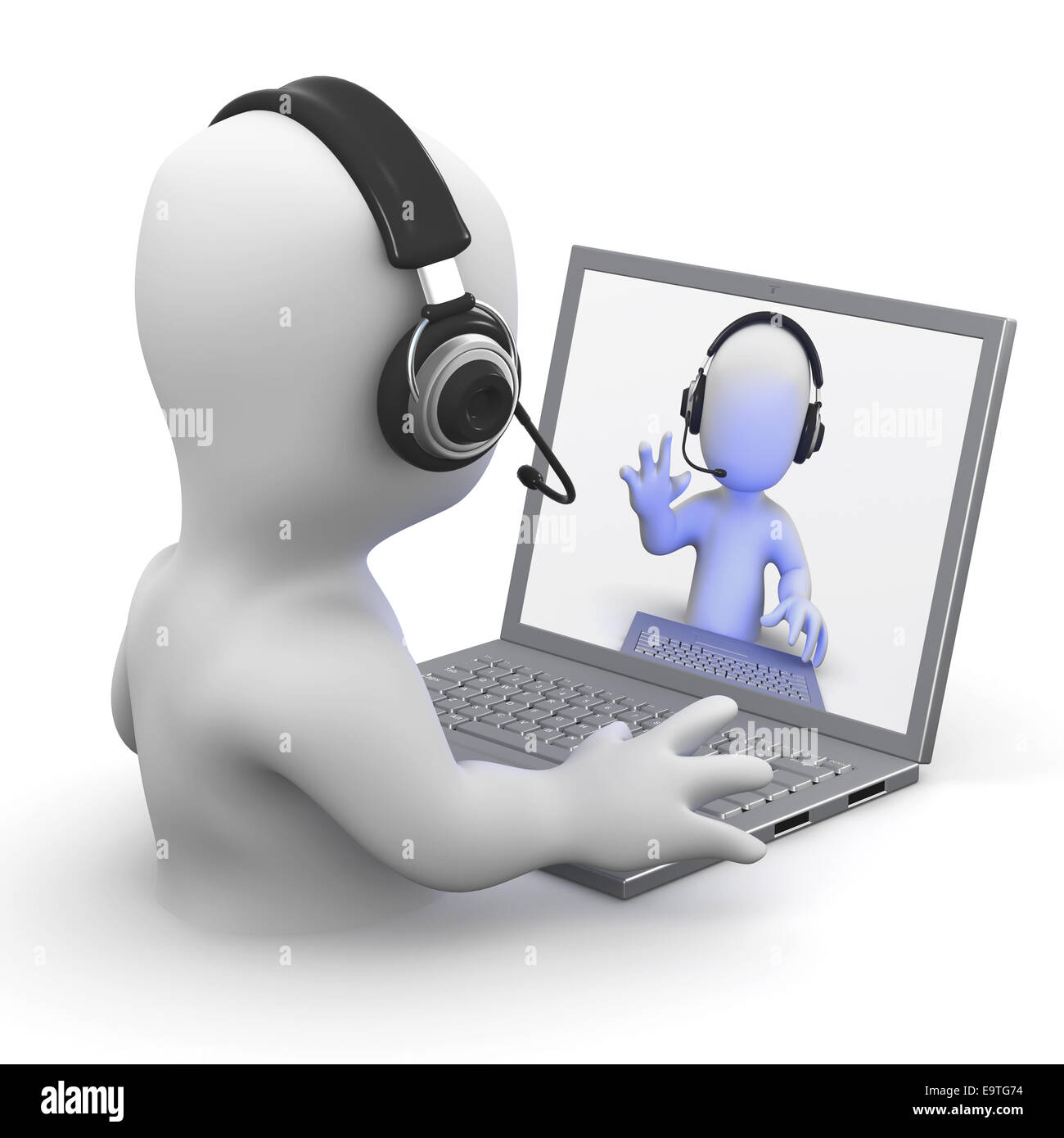 3d render of a little person chatting to someone on his laptop wearing a headset Stock Photo