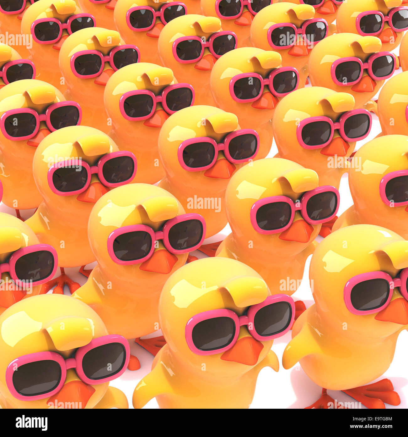 3d render of a crowd of yellow birds wearing pink sunglasses Stock ...