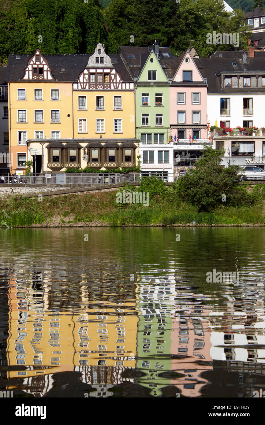 Colourful river front buildings Cochem Moselle River Germany Stock Photo
