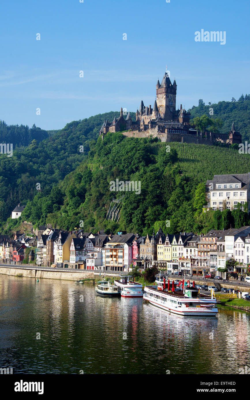 Cochem colourful riverside buildings and Reichsburg Castle Moselle Valley Germany Stock Photo