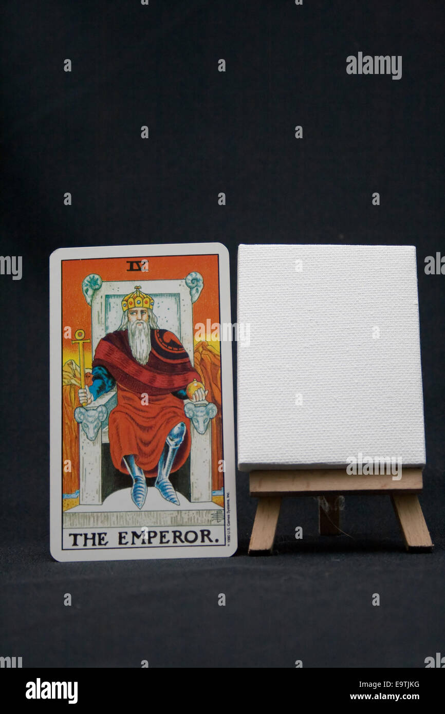 The Emperor tarot card against a dark background. Stock Photo