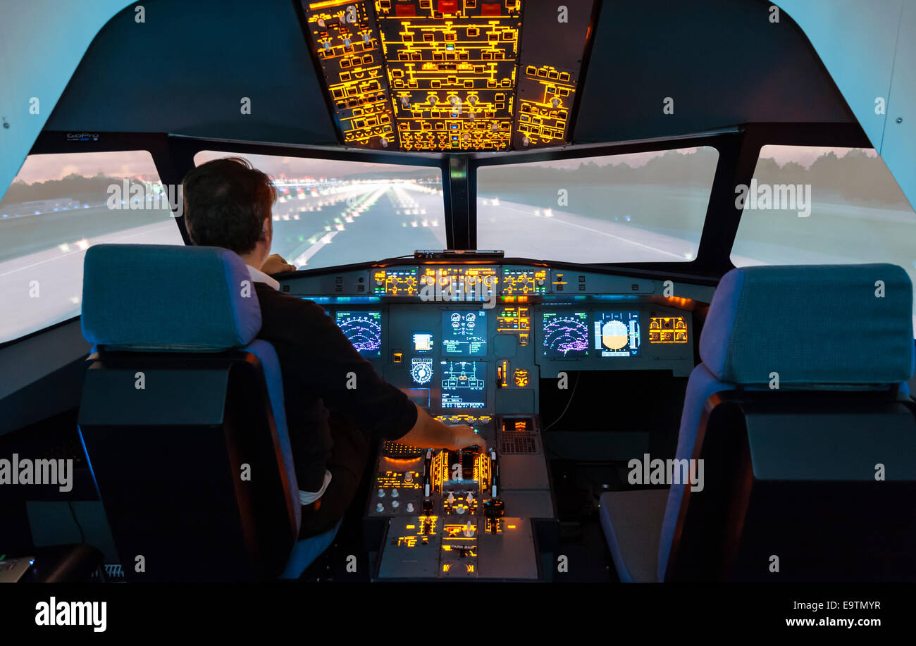 Cockpit Of An Airbus A3 Flight Simulator That Is Used For Training Of Professional Airline Pilots Preparing For Takeoff Stock Photo Alamy