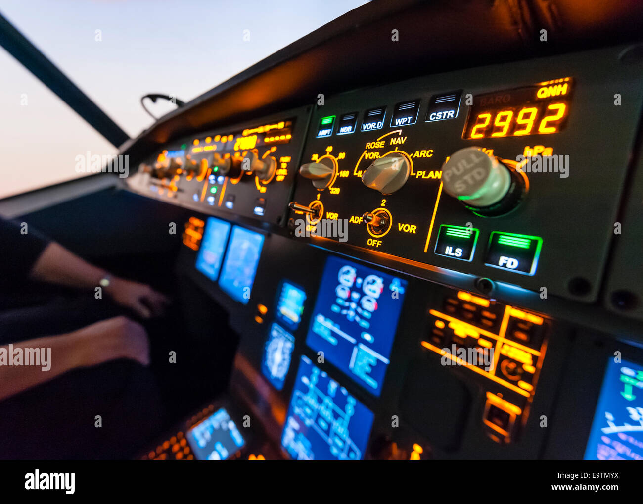 Cockpit of an Airbus A320 flight simulator that is used for training of professional airline pilots (detail: autopilot controls) Stock Photo