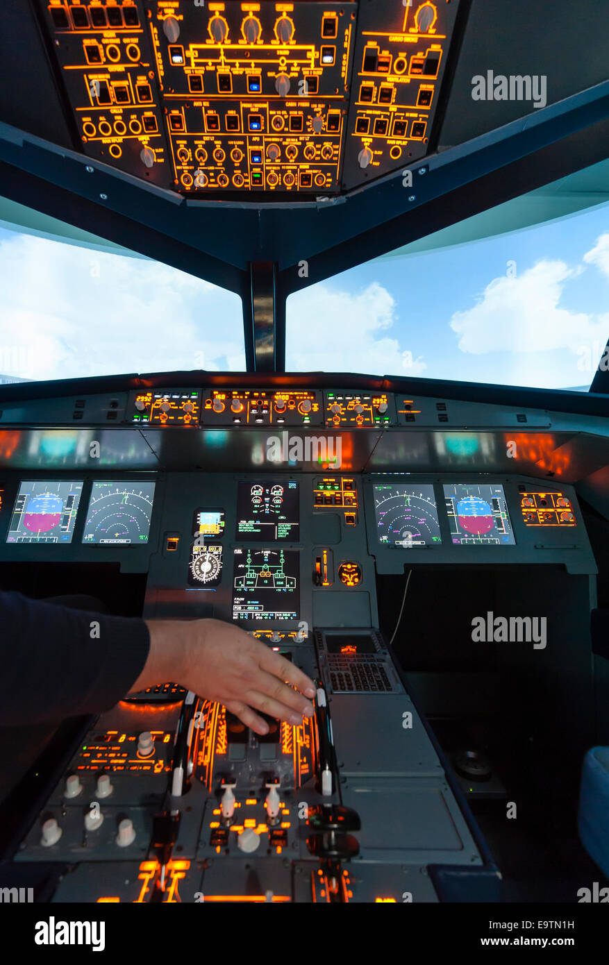 Cockpit of an Airbus A320 flight simulator that is used for training of professional airline pilots. Stock Photo