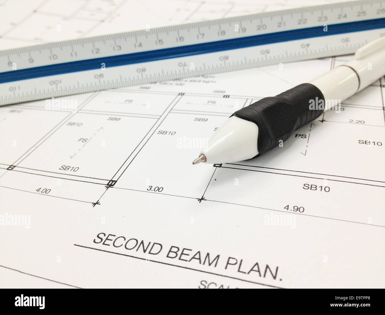 Blueprint with ruler and pen Stock Photo - Alamy