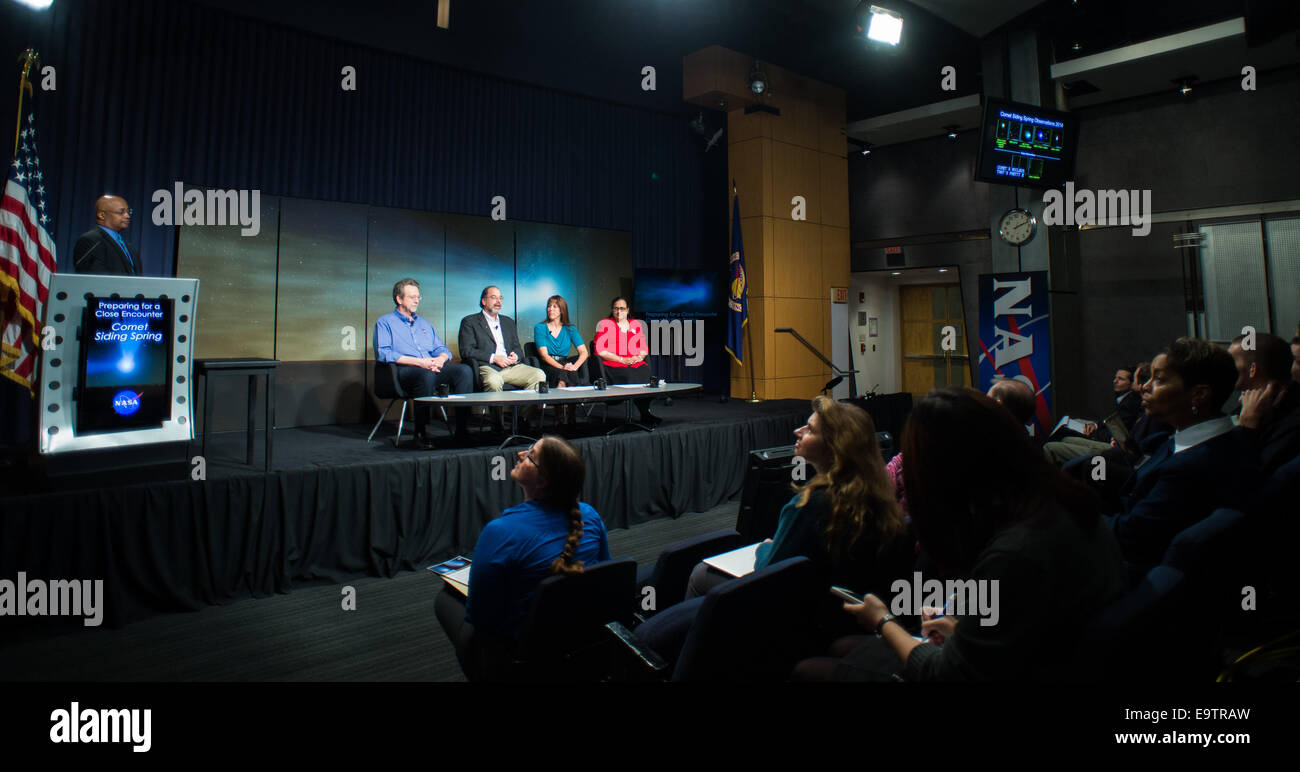 Dwayne Brown, NASA public affairs officer, left, moderates a media briefing where panelist, seated from left, Jim Green, directo Stock Photo