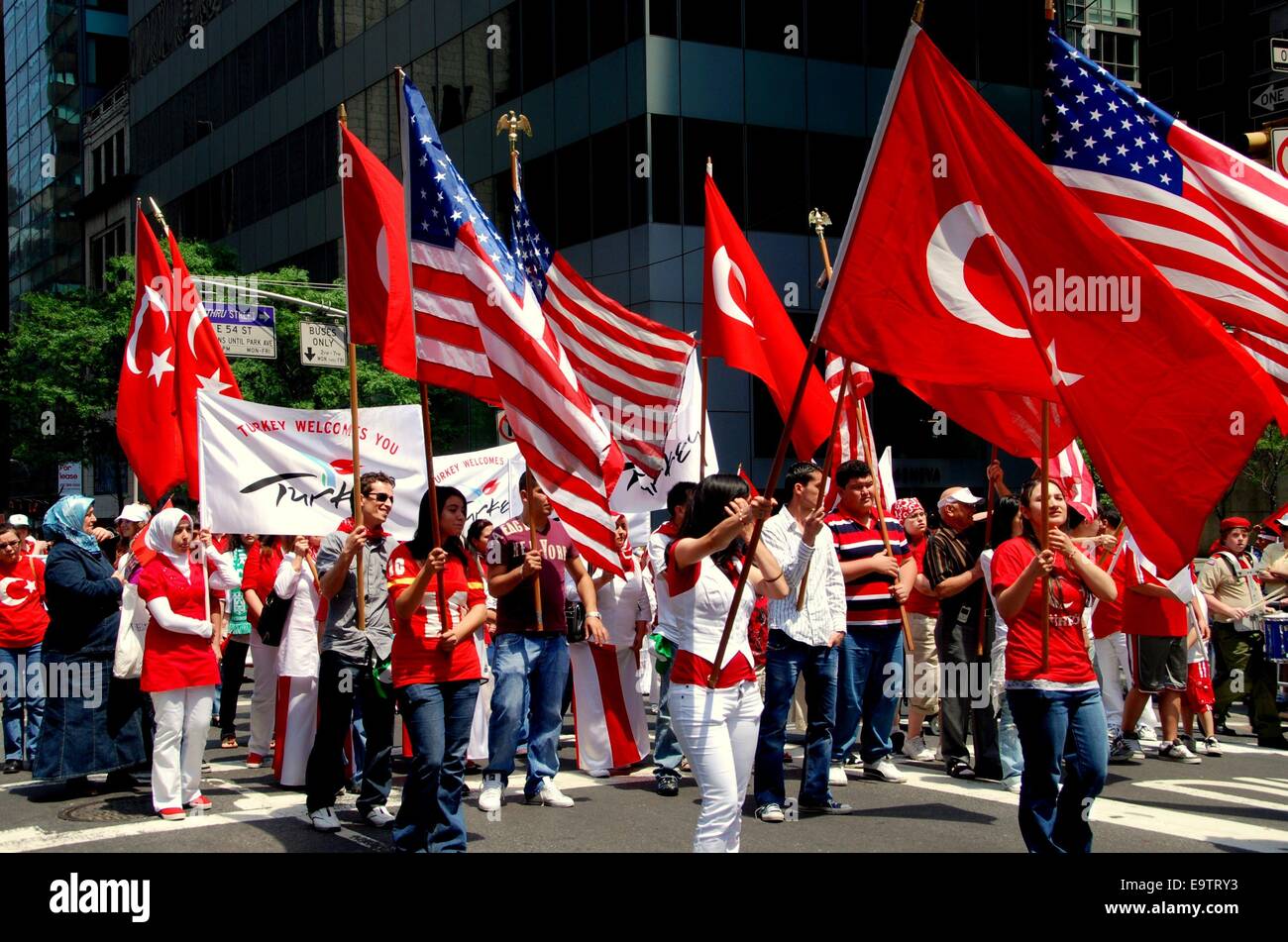 NYC Marchers carrying flags at the annual Turkish Day Parade on