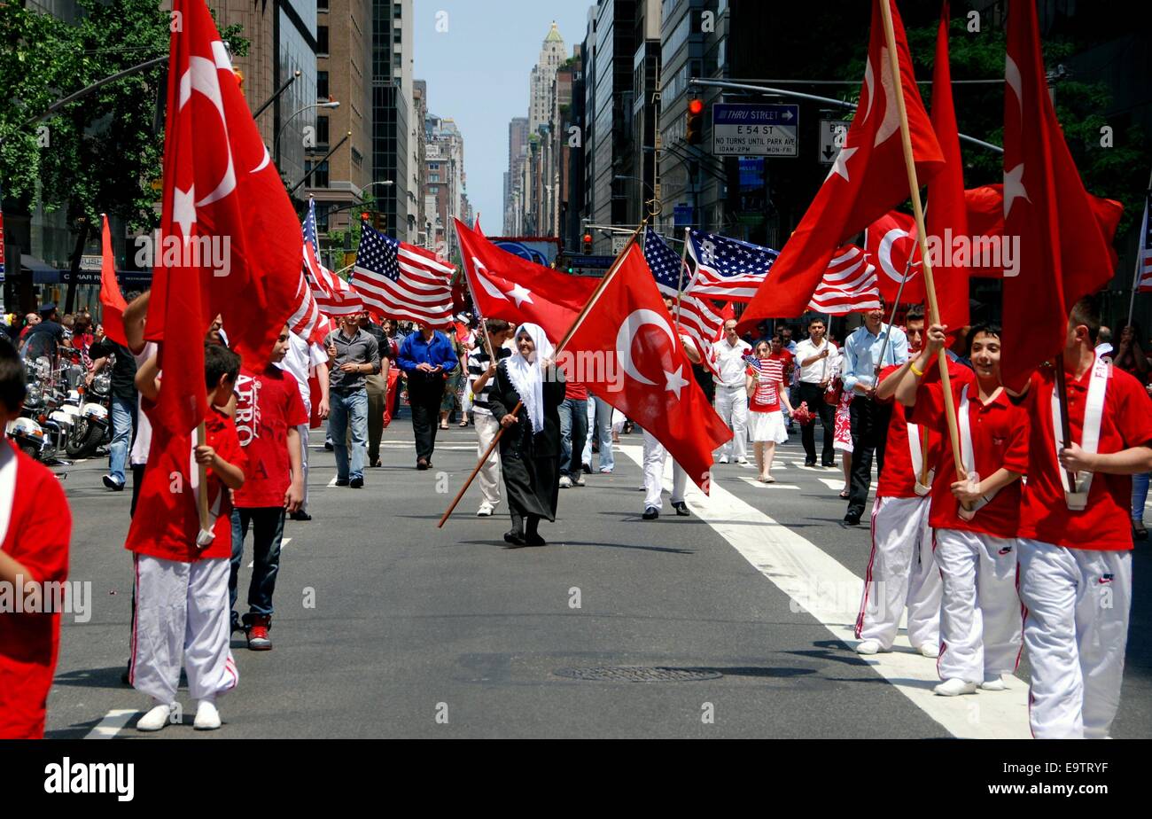 NYC:  Marchers carrying flags at the annual Turkish Day Parade on Madison Avenue Stock Photo